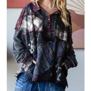 Olí & Hali Button Placket Mixed Media Patchwork Plaid Oversized Shirt, Small